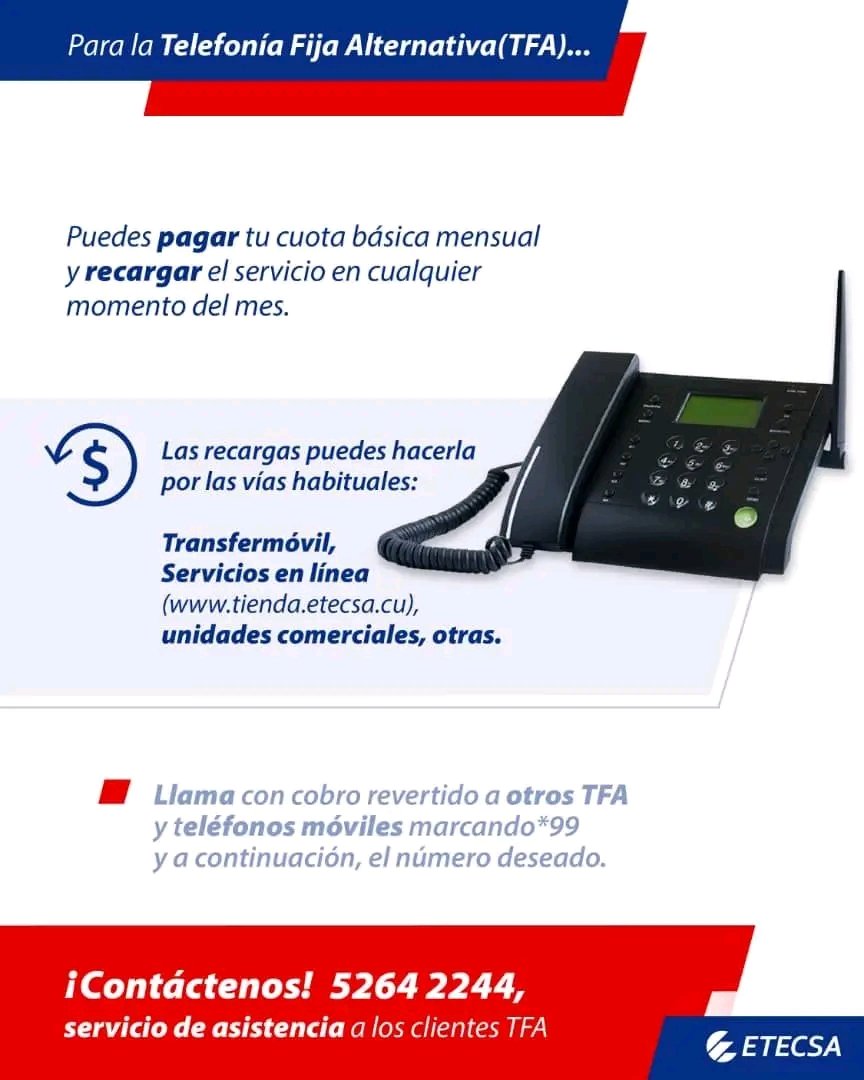 piedra_isis's tweet photo. 🎯  Si eres cliente de la #TelefoníaFijaAlternativa (TFA) esta información es importante para ti. #EtecsaConCuba

El TFA se recarga !!! https://t.co/bNmfXQK0AG
