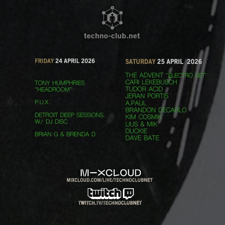 techno_club_net's tweet photo. This week @ https://t.co/5H3SbOCpSL w/ Tony Humprhies, Cari Lekebush, The Advent, DJ Disc, Brian G, Brenda D, Tudor Acid, Jeran Portis, A.Paul, Brandon DeCarlo, Kim Cosmik, Lius, Mik, Duckie, Dave Bate

free live video streams @ 
https://t.co/mOX9HawF85
&amp;
https://t.co/ySqryTqf37 https://t.co/ycpt63LAtT