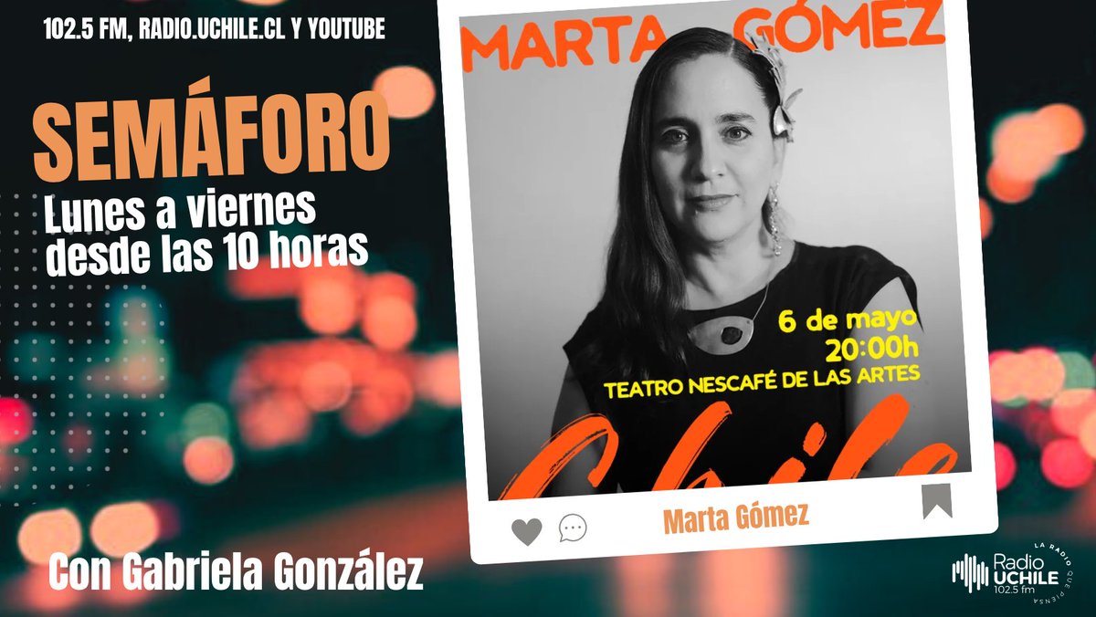 uchileradio's tweet image. AHORA #Semáforo: la cantautora y compositora colombiana, Marta Gómez, se refiere a su gira internacional “Letra y Música” y su próximo concierto el 06 de mayo a las 20hrs en el @Teatro_NESCAFE.

📻102.5 FM
🎧radio.uchile.cl
💻youtube.com/@RadioUChile10…