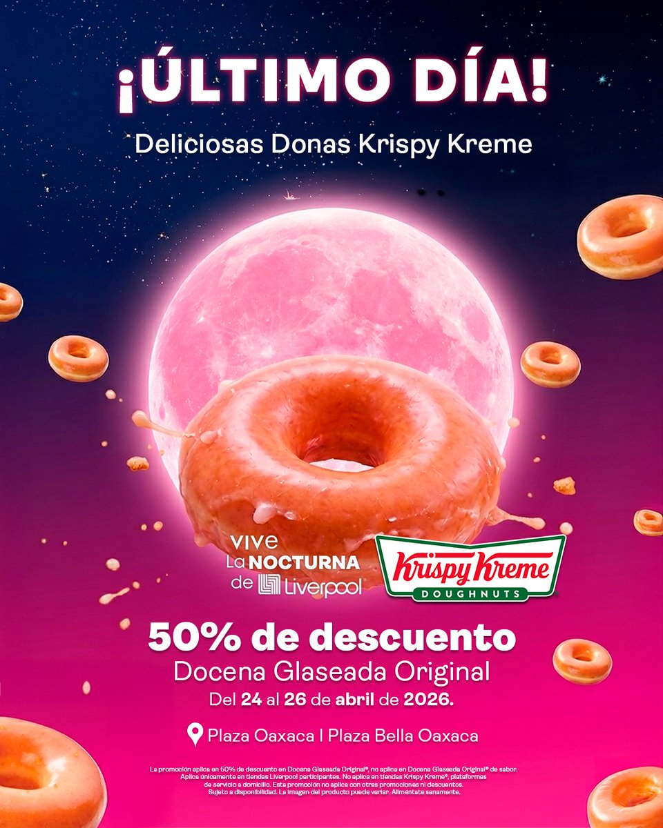 🔥 ¿Ya aprovechaste el 50% de descuento en tus donas Krispy? 🤩

🍩 ¿Que estás esperando? Esta increíble promoción se va ¡HOY! 😱

🛍️ Corre ya a #Liverpool Plaza Oaxaca o Plaza Bella y disfruta de tus deliciosas donas favoritas ⭐

#KrispyKreme #Donas #Descuento