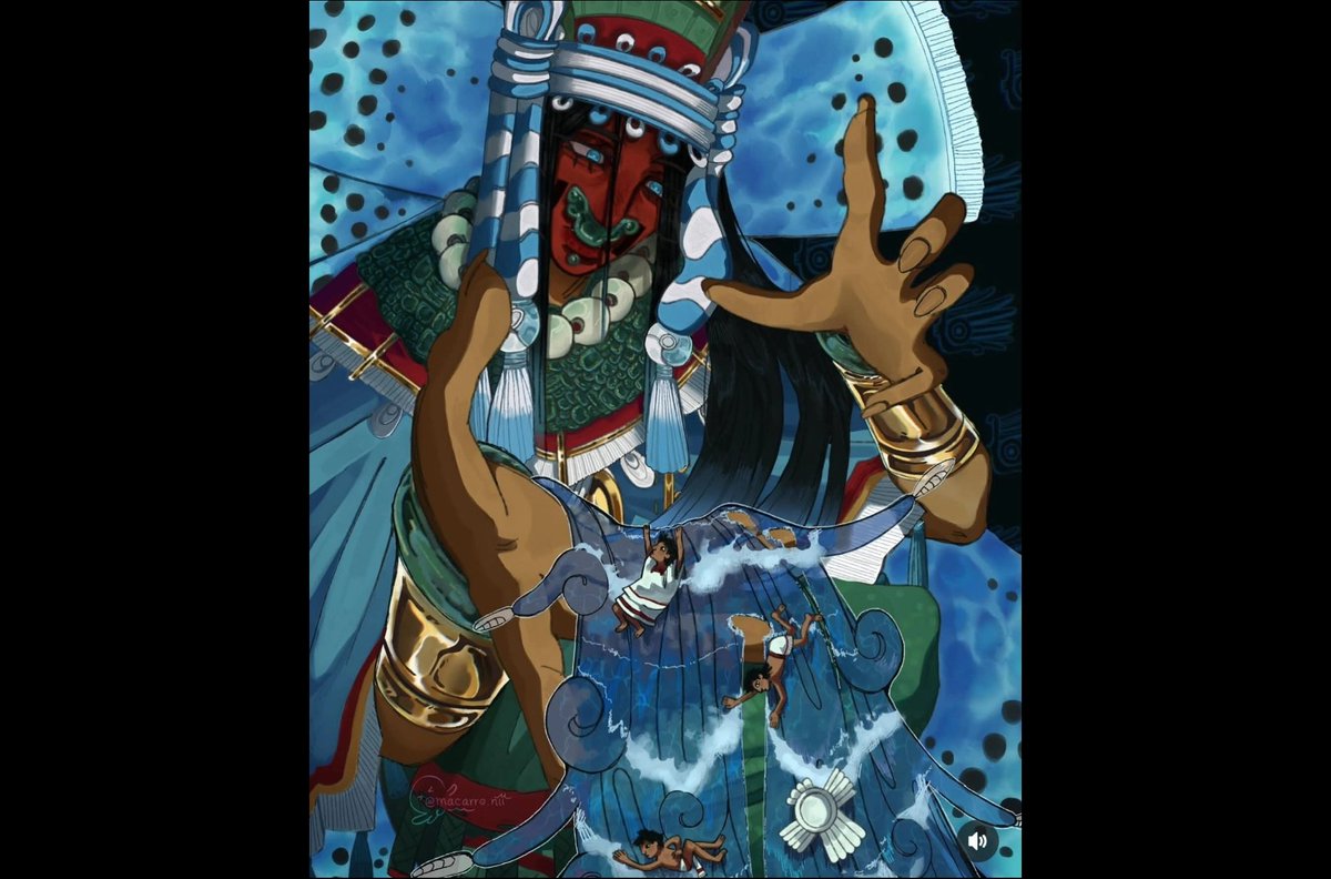 La dualidad de #Tláloc se llama #Chalchiuhtlicue ⛈️💙🌊. Si él es el señor de las aguas celestes, ella es señora de las aguas terrestres. Suyos son los ríos, lagos y mares. Amada y temida porque de ella dependían los peligros del agua...pero hemos cuidado bien su trabajo, cierto?