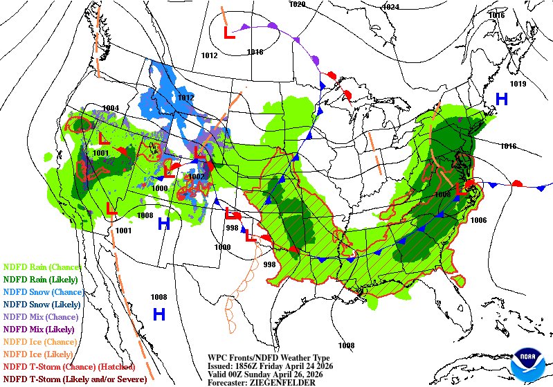 An area of low pressure will approach from the west Saturday evening, bringing areas of showers to central NC. While rainfall amounts will be highly variable, most areas should see measurable rainfall. #NCwx