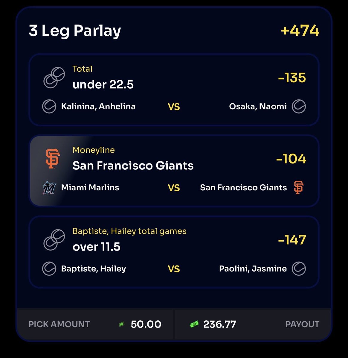GhostEVplays's tweet image. ⚾️ Dogg House Bonus Bet Play

🎾 +474 (FV +506.18)
Playing: $50 Bonus Bet

🌟 Got you a match of up to 100 in Dogg free cash on your first purchase, use code U-BRA-CAT-41 on signup!  snoopdogg.appsonair.link/U-BRA-CAT-41

#dogg #house #sports #mlb #wta