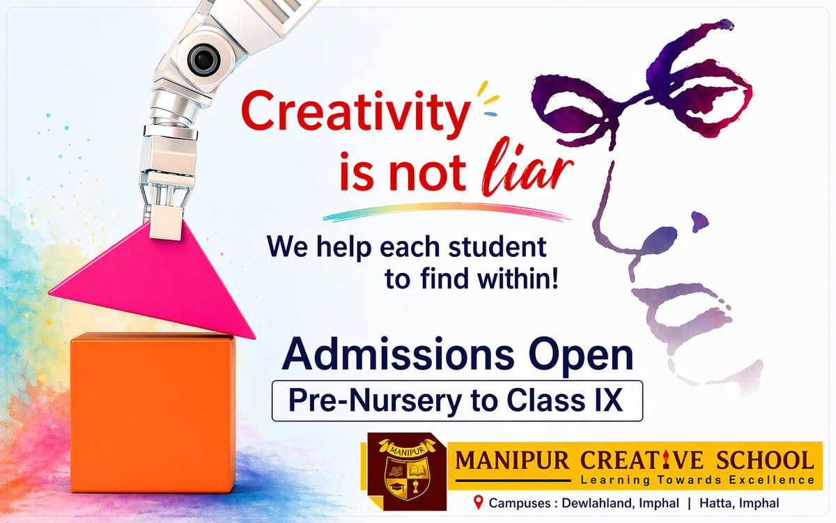 Creativity is not rare - every child has it within.

Admissions now open from Pre-Nursery to Class IX.
A space where young minds learn, create, and grow with confidence.

📍 Dewlahland, Imphal | Hatta, Imphal

#ManipurCreativeSchool #AdmissionsOpen #CreativityIsNotRare #Imphal