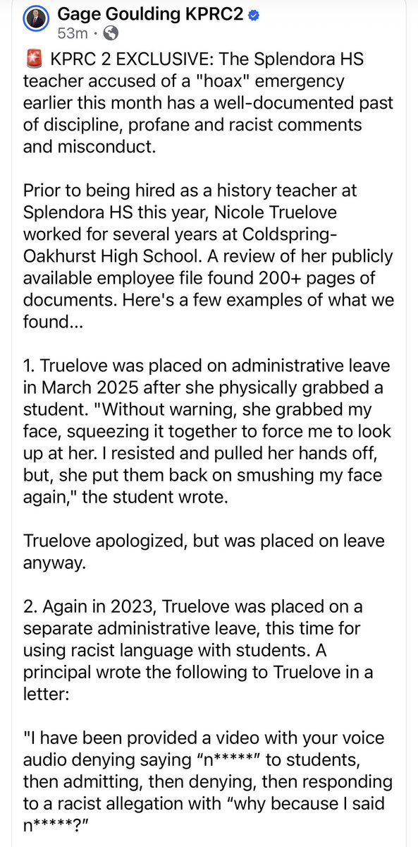 theshellbelle's tweet image. 🧵More from the always thorough @GageGoulding on the teacher arrested for the hoax attack at Splendora HS.
