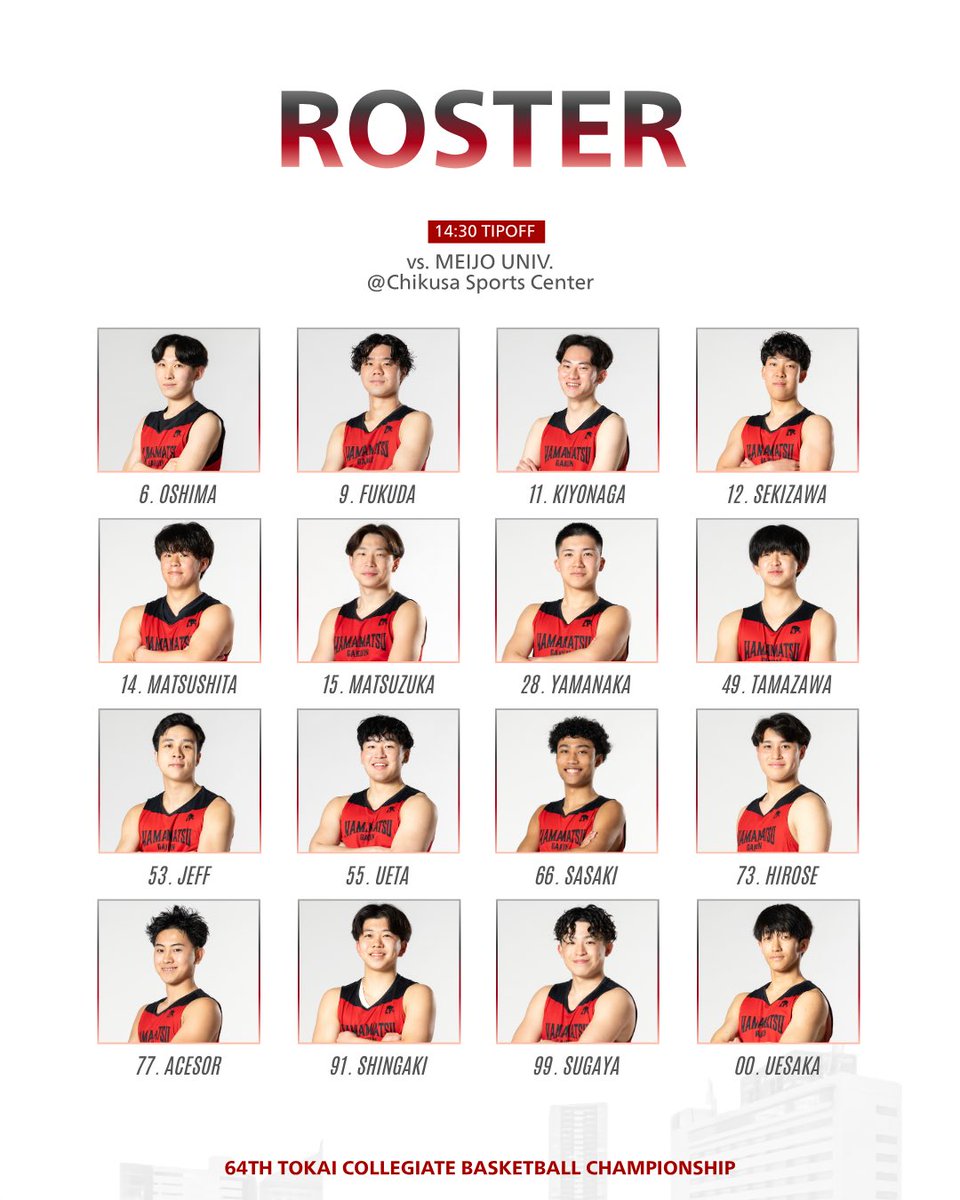 hguphx_official's tweet image. 𝐑𝐎𝐒𝐓𝐄𝐑
＜Bチーム＞
＃第64回東海学生バスケットボール大会 3回戦

🆚#名城大学
🏟️千種スポーツセンター (名古屋市)

#FORALL
#HGUPHOENIX