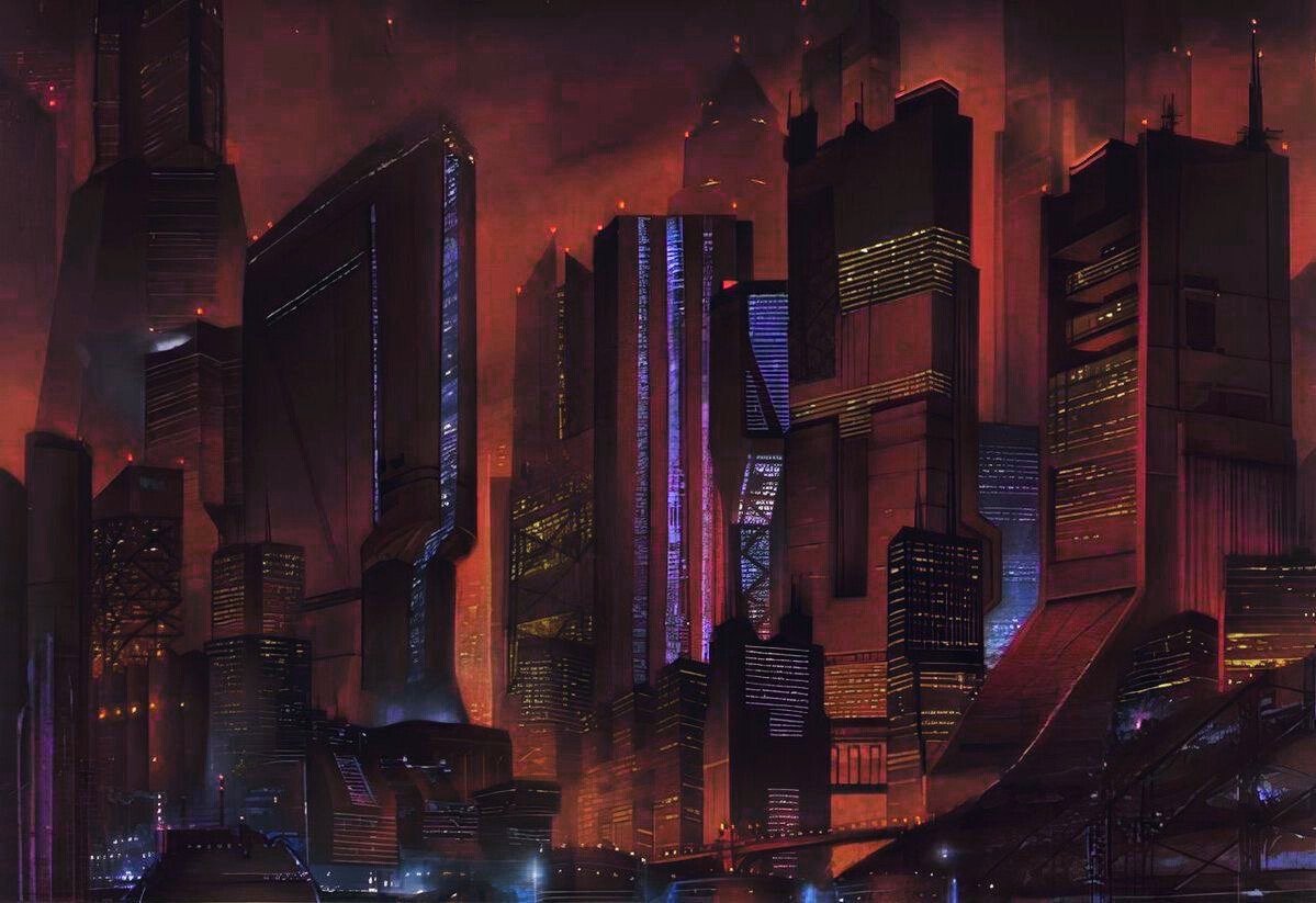 The Bos-Atl Metropolitan Axis in the 1989 graphic novel NEUROMANCER, illustrated by Bruce Jensen.