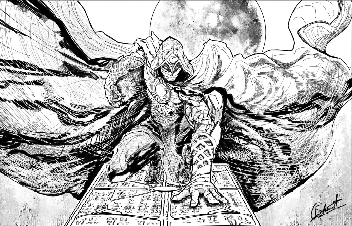xickshot's tweet image. Moon Knight Sketch Version 2. The previous sketch felt really empty to me , so I didn't start colouring. I went back and added shadows, hatching, some details and the moon on the back.
#moonknight 
#marvel
#marvelcomics 
#sketch 
#digitalart