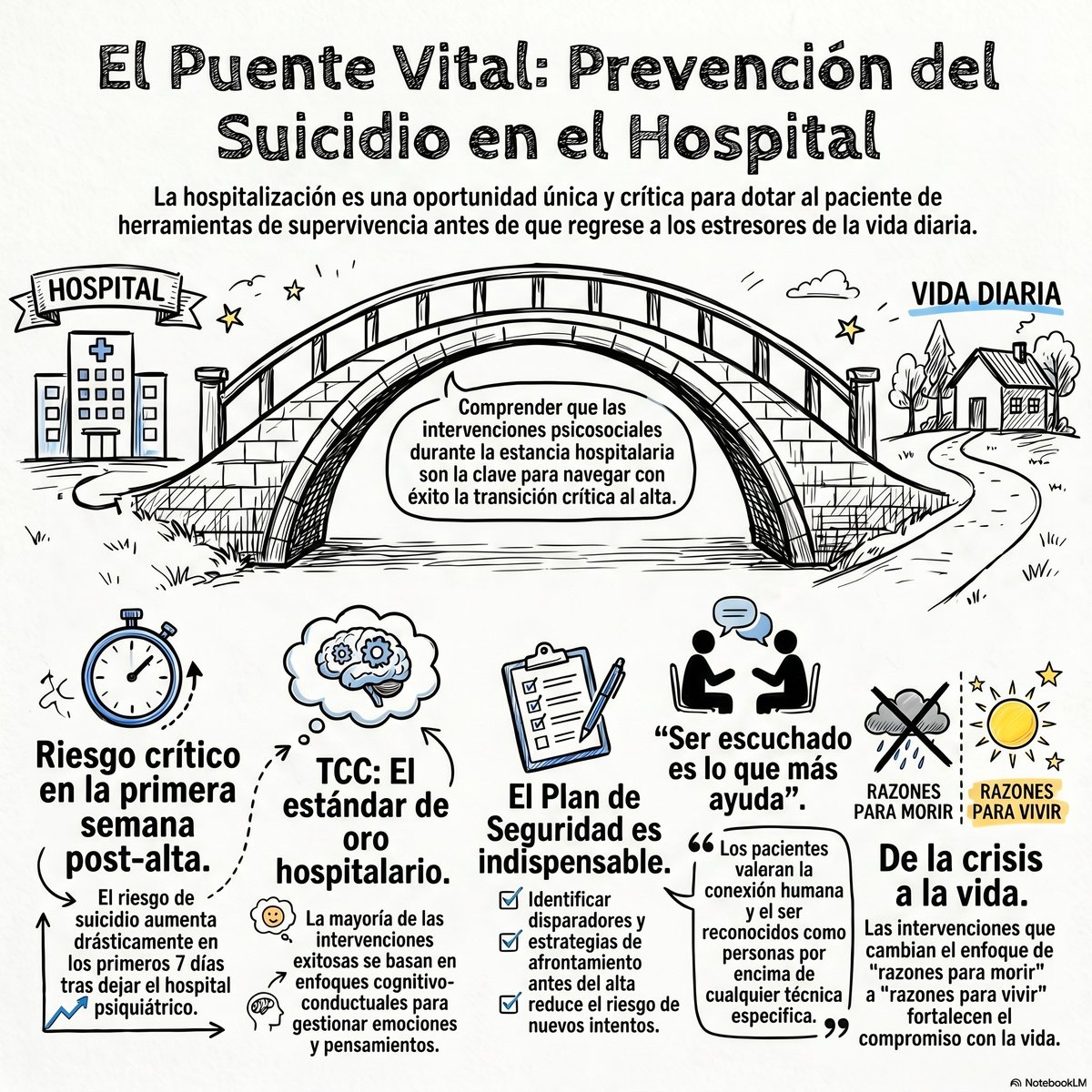 El mayor riesgo de suicidio NO es durante la hospitalización psiquiátrica… es la primera semana después del alta.

Ahí es donde muchos sistemas fallan.

Una revisión reciente muestra algo incómodo:
– Sí, las intervenciones intrahospitalarias (sobre todo tipo TCC) ↓ ideación