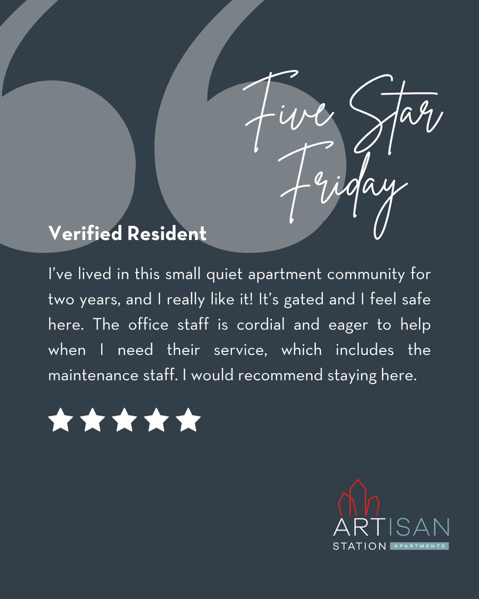 renttheartisan's tweet photo. ⭐ Five Star Friday is our favorite way to end the week.
We’re grateful for the Verified Resident who share their experiences! Thanks for sharing the love.
#ApartmentLiving #communitylove #LuxuryLiving  #SPGCommunity
https://t.co/k0CuHlXcuc https://t.co/AO52aDp9Tx