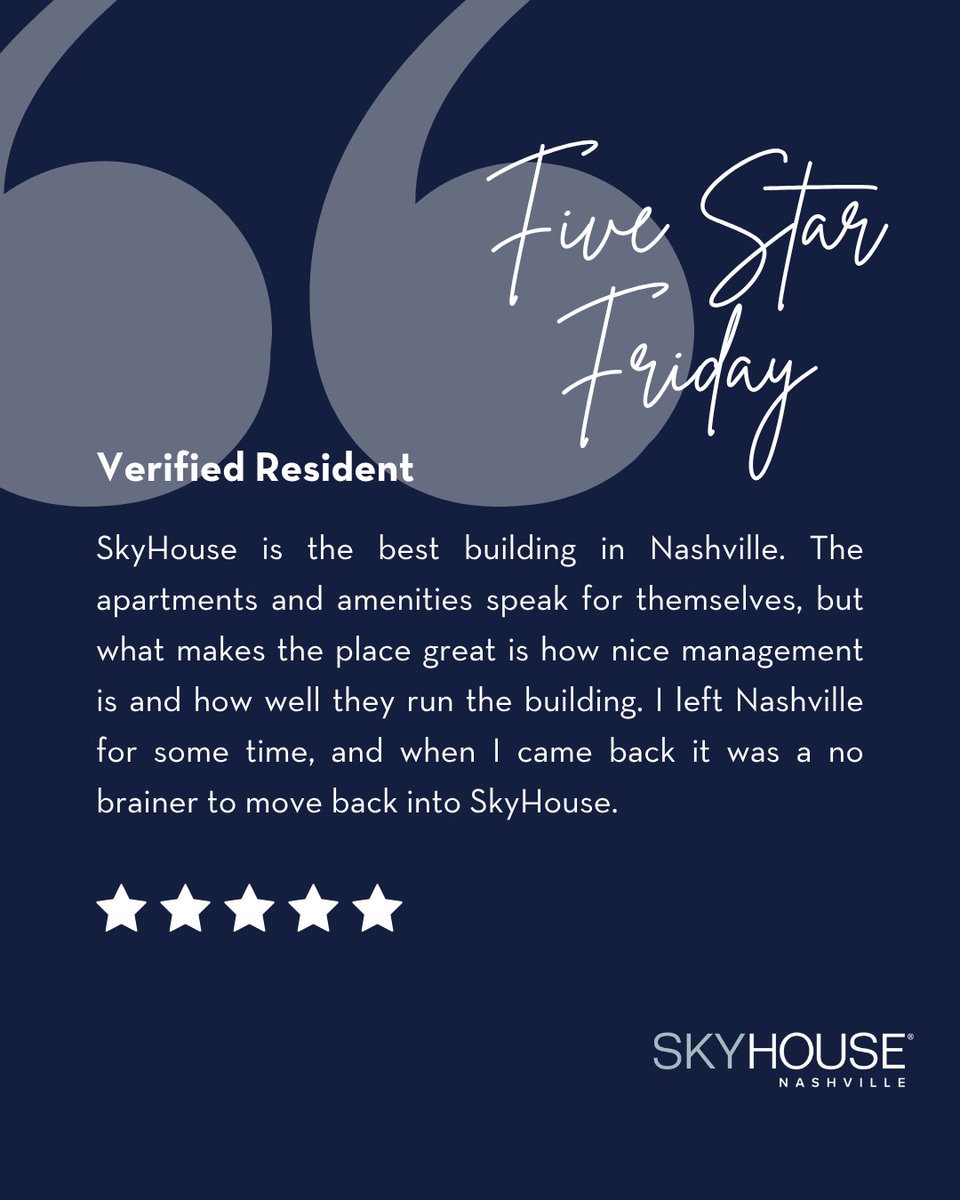 SkyhouseN's tweet image. ⭐ Five Star Friday is our favorite way to end the week.
We’re grateful for the Verified Resident who share their experiences! Thanks for sharing the love.
#ApartmentLiving #communitylove #LuxuryLiving  #SPGCommunity
birdeye.com/skyhouse-nashv…