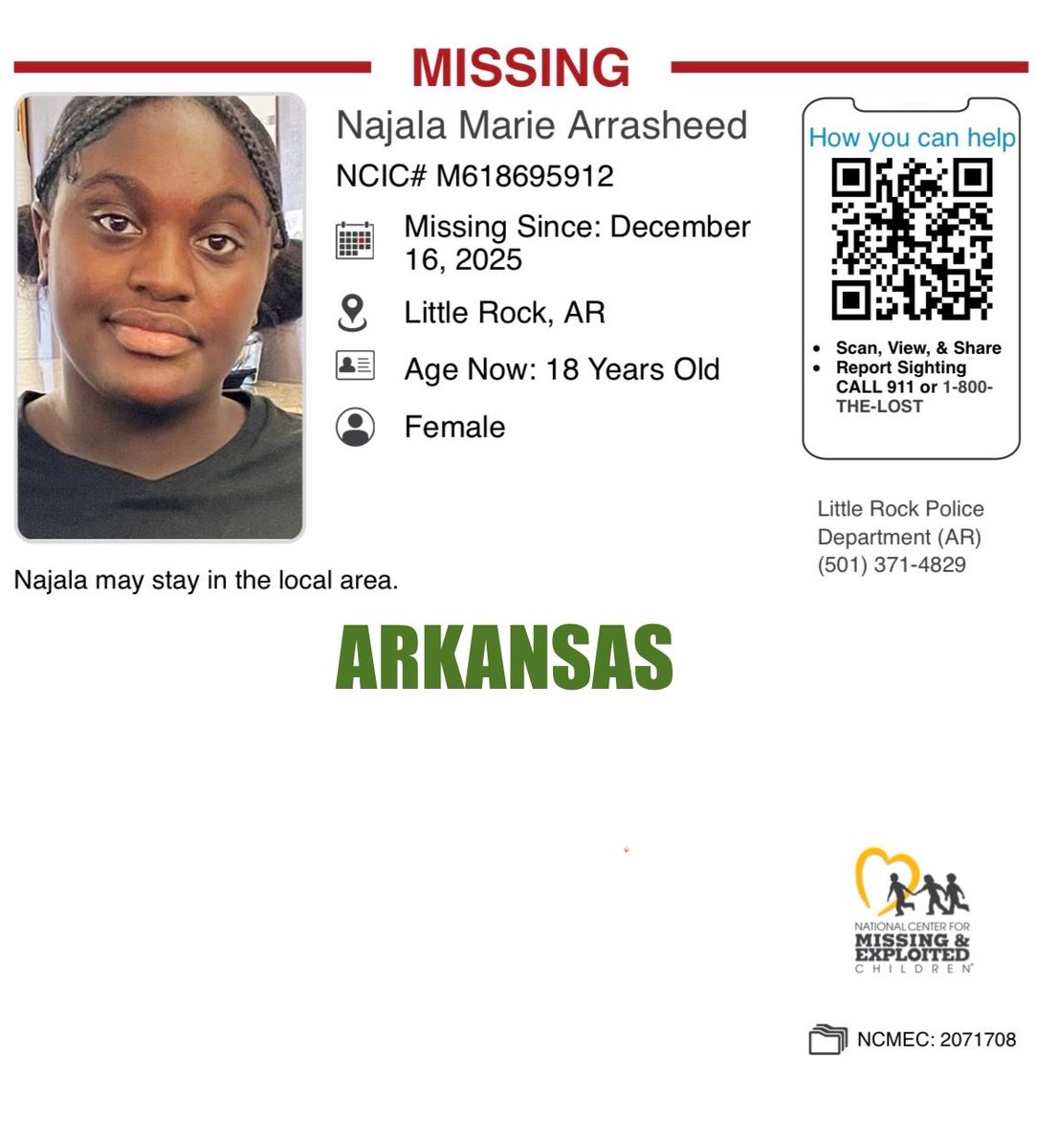 Ohio1ShyGirl's tweet image. #ARKANSAS   #MissingChild ‼️Please Share‼️  #MissingPerson  #MissingPeople  ☎️Little Rock Police Department (AR) (501) 371-4829
missingkids.org/poster/NCMC/20…