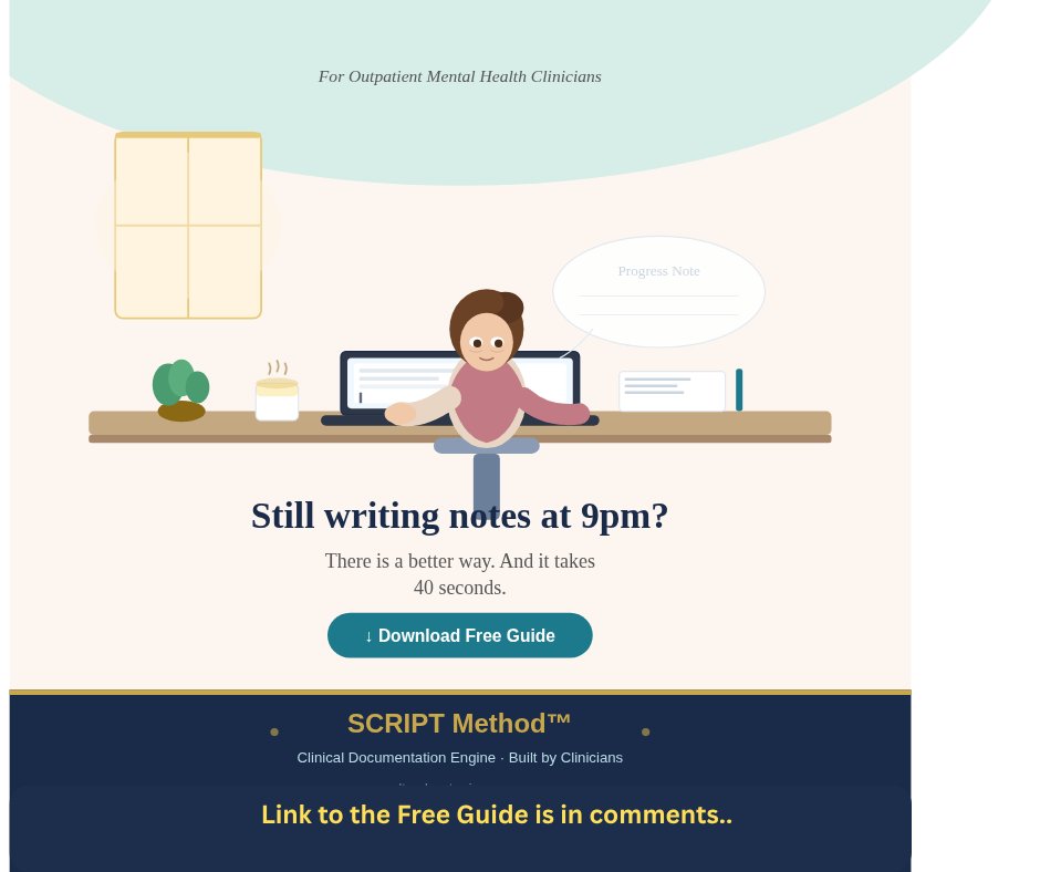 parent_dome's tweet image. Still writing progress notes at 9pm?

Many clinicians spend evenings catching up on documentation.

There may be a better way.

Free guide below.
#Therapist #MentalHealth #Documentation
culturalcontrarianpma.org/40-second-note/