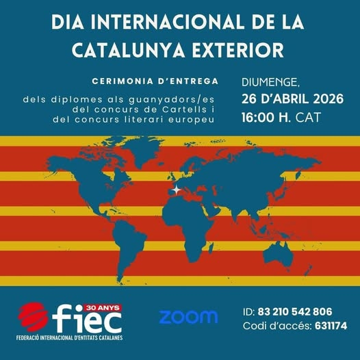 FIEC1's tweet photo. El diumenge 26 d'abril a les 16.00 (hora CAT)celebrarem l'acte de lliurament dels diplomes als guanyadors del Concurs de Cartells del Dia Internacional de la Catalunya Exterior i del Concurs Literari Europeu. https://t.co/vKHUGLAint