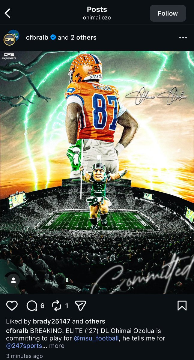 jacobcotsonika's tweet photo. BREAKING: DL Ohimai Ozolua has committed to Michigan State.

Four-star on the 247Sports Composite at 408th overall. Nice get for Pat Fitzgerald and Winston DeLattibourdere III. https://t.co/q0ltYYQQL4