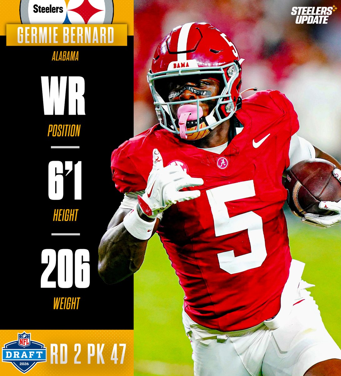 SteelersUpdate1's tweet image. The #Steelers have traded with the #Colts and with the 47th overall pick in the 2026 #NFL Draft, the Pittsburgh Steelers select Germie Bernard, WR, Alabama. 

Trade terms:
Steelers receive: No. 47, No. 249
Colts receive: No. 53, No. 135, No. 237

Thoughts on the pick? 🤔