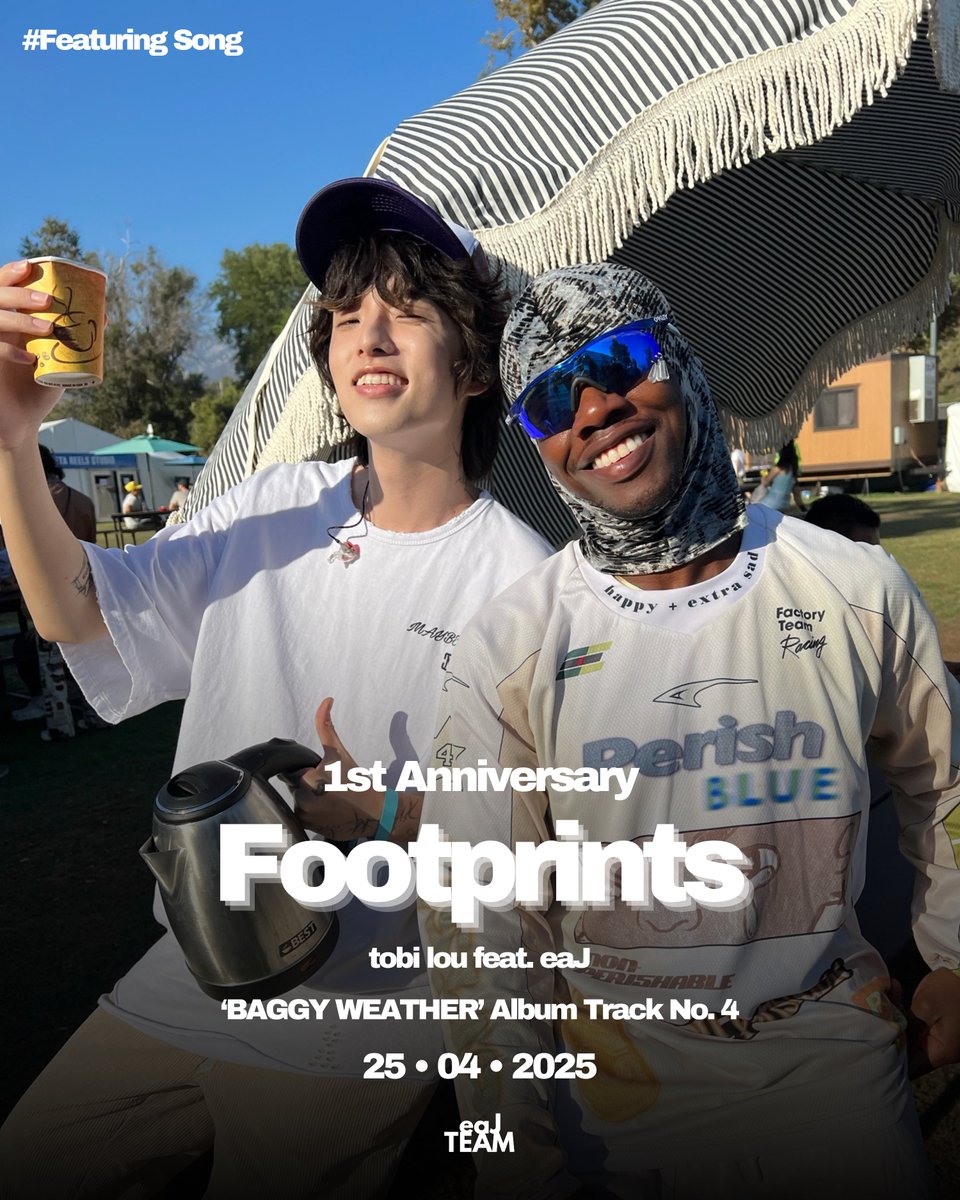 eaJ_TEAM's tweet photo. It is 1 year of "Footprints" by tobi lou feat. eaJ! 🐾

Good vibes, no questions asked.
Happy 1st anniversary!

🔗 https://t.co/b89egG73ww

@tobilou @eaJPark 
#tobilouXeaJ #eaJPark #tobilouFootprints https://t.co/2IBfkmW4y8