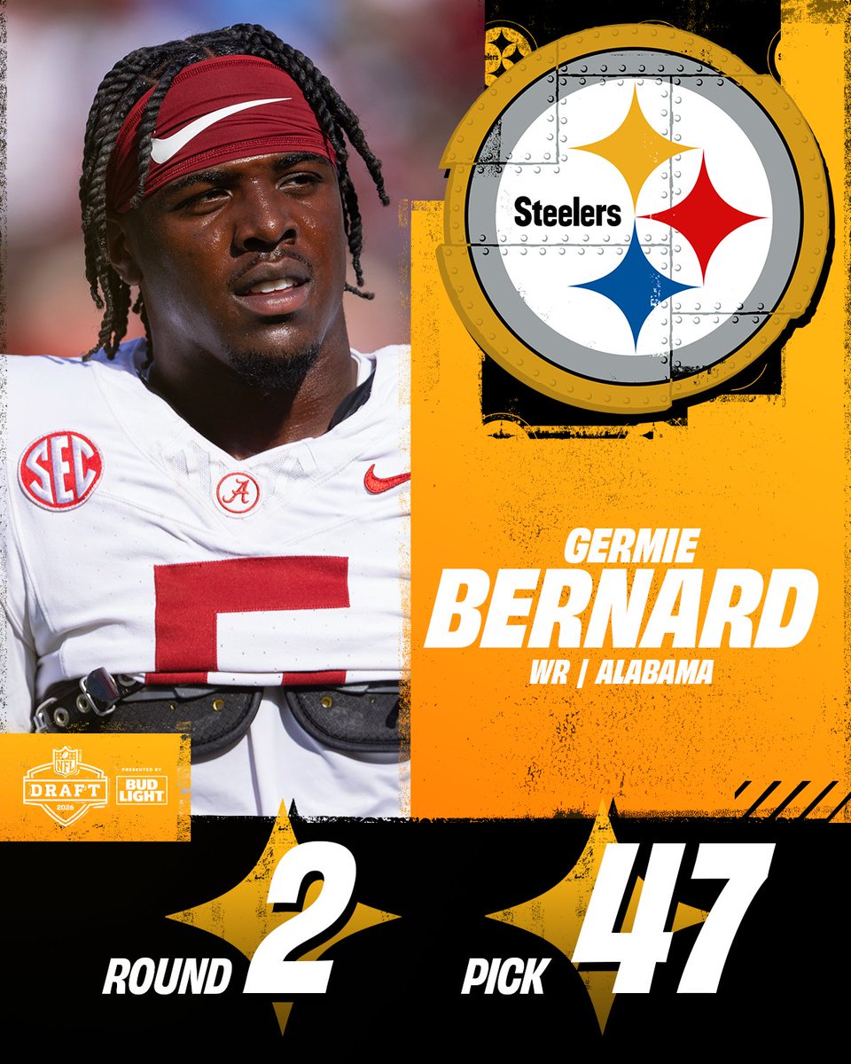 NFLDraft's tweet photo. Round 2, Pick 47: @steelers select @AlabamaFTBL WR Germie Bernard! #NFLDraft

https://t.co/Lex5oUC3o5 https://t.co/n27evX9U8U