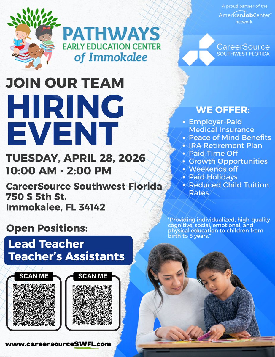 CareerSourceSWF's tweet photo. Hey Educators! Join us Tues., April 28, 10am-2pm at CareerSource SWFL Immokalee center for a Pathways Early Education Center of Immokalee JOB FAIR! "Change the beginning &amp; you change everything." #hiring #job #Immokalee #PathwaysEarlyEducationCenterofImmokalee #CareerSourceSWFL https://t.co/hyqGI1cAlh
