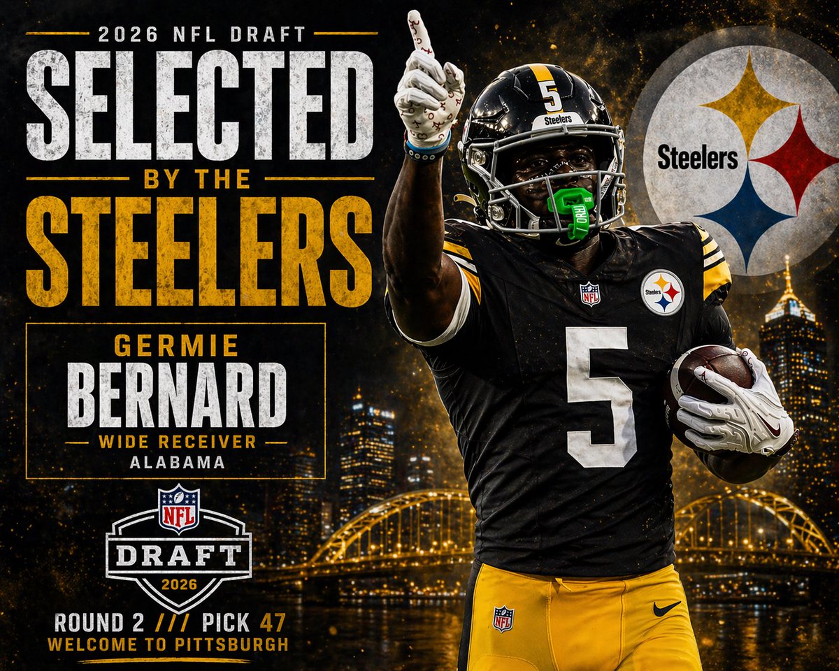 TheBamaStandard's tweet image. With 47th pick in the 2026 NFL Draft, the @steelers select Alabama wide receiver Germie Bernard🔥

#CollegeFootball #RollTide #BamaFactor #HereWeGo