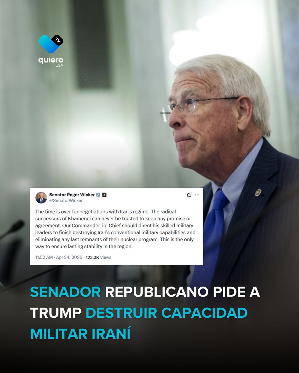 quierotvusa's tweet image. ⚠️🇺🇸 El senador republicano, #RogerWicker, pidió a #DonaldTrump retomar ataques contra #Irán y frenar las negociaciones, elevando la tensión en la estrategia de #EEUU.

quierotvusa.com/senador-republ…

📷 Imagen vía EFE/ X Roger Wicker