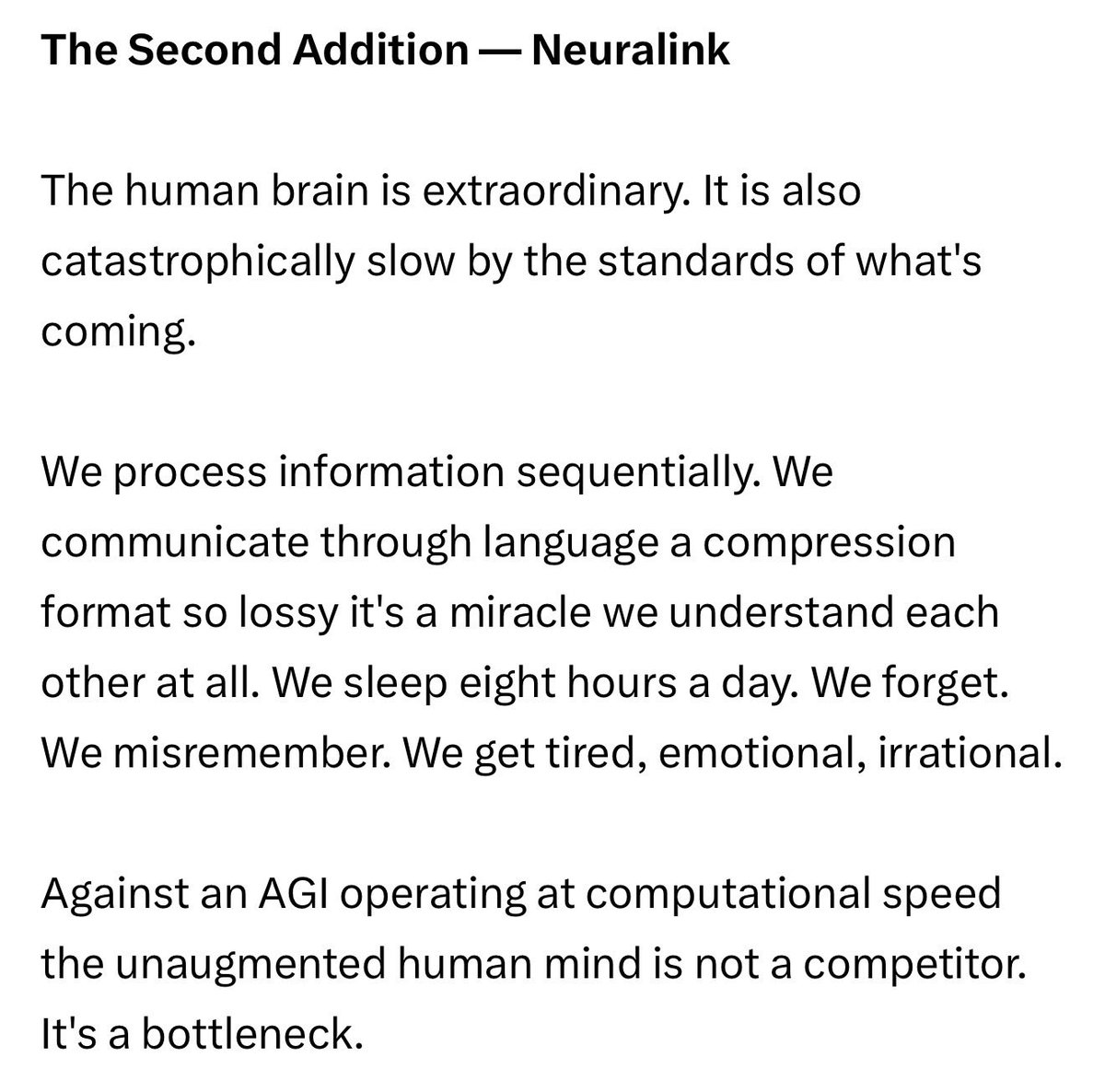 <a href="/neuralink/">Neuralink</a> Neuralink changes that variable.
Formula 2: TechAdvancement(t) = T₀ · e^(rt) · (1 + s N²) · (1 + b H)
The b H term represents human enhancement. Brain-computer interface. The merger of biological intelligence with computational power.
This isn't science fiction anymore. It's
