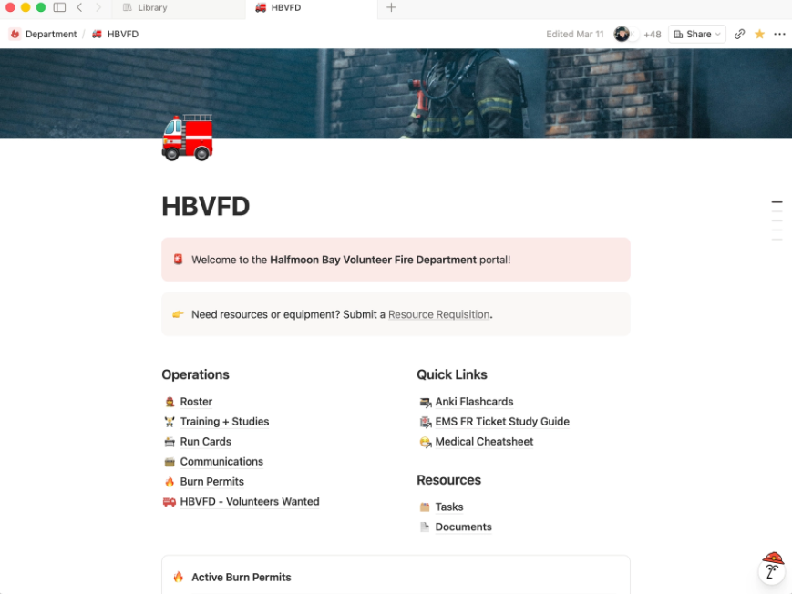 RE_Notion's tweet photo. Cool to see this volunteer fire department using Notion to manager their roster, store SOPs, and catalogue their equipment: 
https://t.co/f3yzleiXX7 https://t.co/rjCFSXtKW6