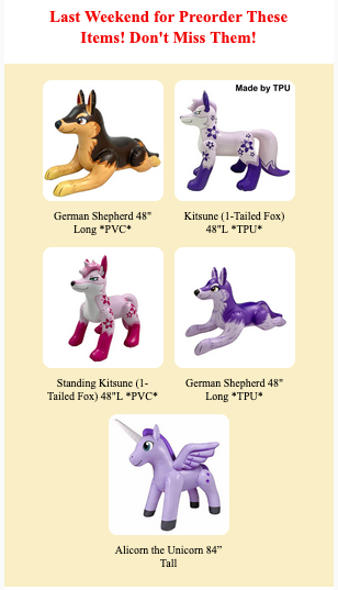 JetCreations's tweet image. Last chance!  Preorders end this April. Secure your favorite inflatables now before it’s too late. Explore with our lightweight, durable TPU collection. Shop now at squeakclub.com
#Inflatable #TPU #Preorder #Collectibles #FurryFandom #FurryCommunity #ArtToy #DesignerToy