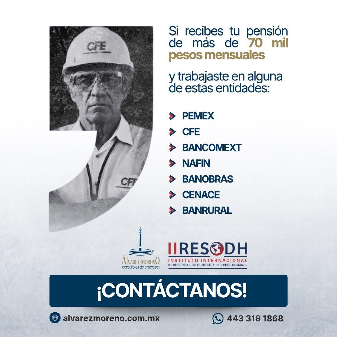 lvarezbanderas's tweet photo. ¿Jubilado de PEMEX, CFE, Bancomext, NAFIN o Banobras? Si tu pensión supera los $70,000 mensuales, el artículo 127 constitucional te aplica. El amparo indirecto individual es la vía legal disponible.

El plazo de adecuación es de 90 días. ¿Ya tienes asesoría?

#PensionesMexico #JubilacionCFE
#Amparo2026 @JubiladosBano @rnjubiladoscfe @jubiladosPemex