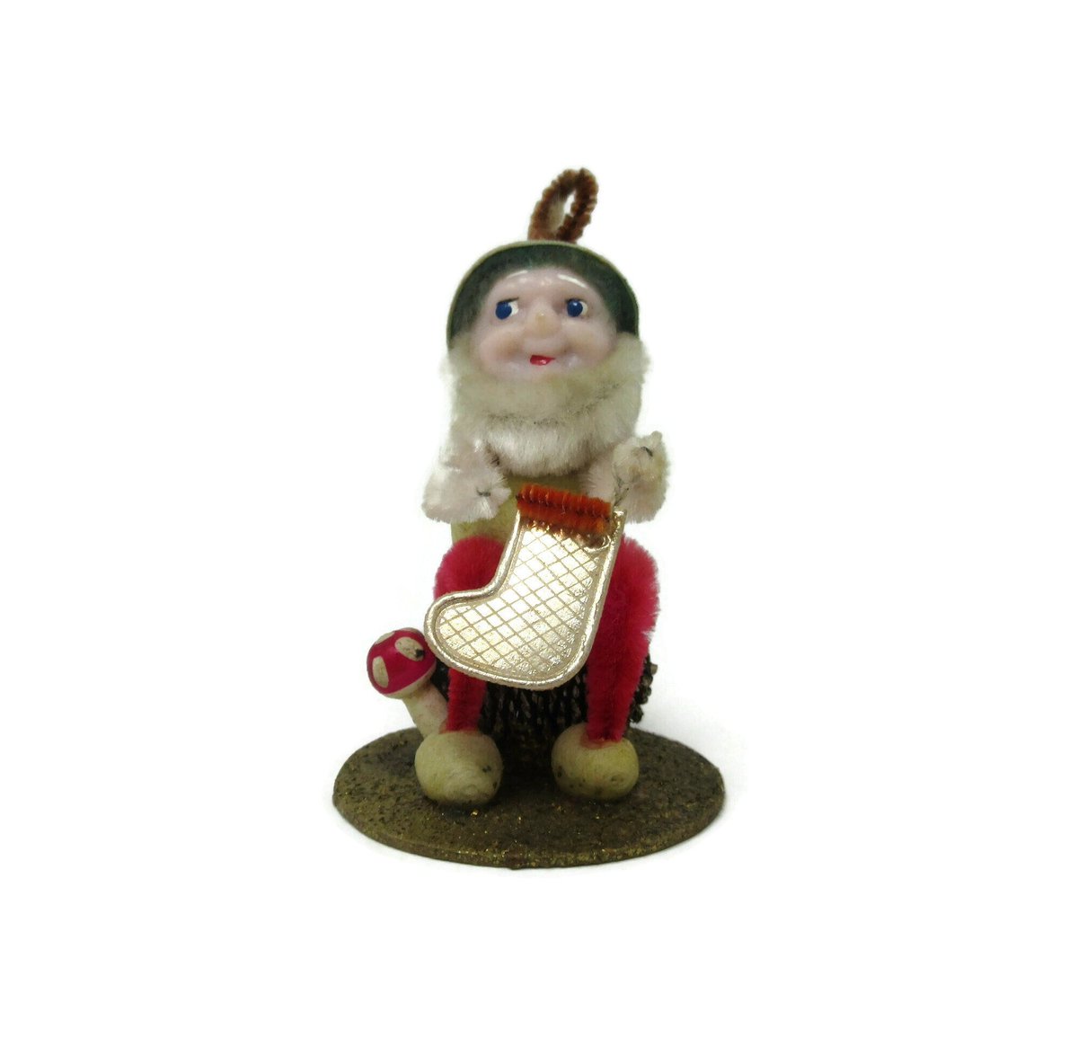 antiquelove22's tweet image. Vintage Shiny Brite Christmas Pinecone Elf Figurine Ornament with White Chenille Arms Holding a Gold Stocking Holiday Decoration Japan Mica tuppu.net/2863f071 #Etsy #vintage #etsyseller #ChristmasOrnament