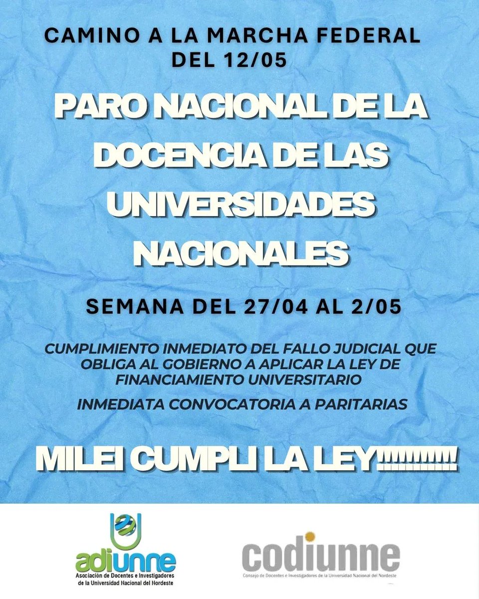 CODIUNNE's tweet photo. CAMINO A LA MARCHA FEDERAL DEL 12/05
PARO NACIONAL DE LA DOCENCIA DE LAS UNIVERSIDADES NACIONALES

SEMANA DEL 27/04 AL 2/05

Cumplimiento inmediato del fallo judicial que obliga al gobierno a aplicar la Ley de Financiamiento Universitario
 
Inmediata convocatoria a paritarias https://t.co/nji9OXOb2Y