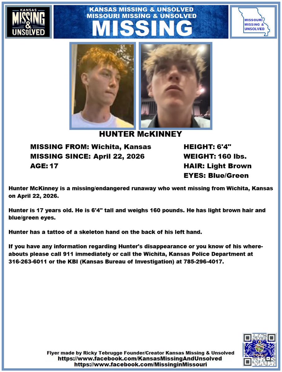 KansasMissing's tweet image. #MISSINGPERSON #MISSING PLEASE SHARE/PRINT/POST!!! HUNTER McKINNEY (WICHITA, KANSAS)!!!

#KansasMissing #MissingInKS #MissingInKansas #MissingKansan #Wichita #Kansas @AnnetteLawless