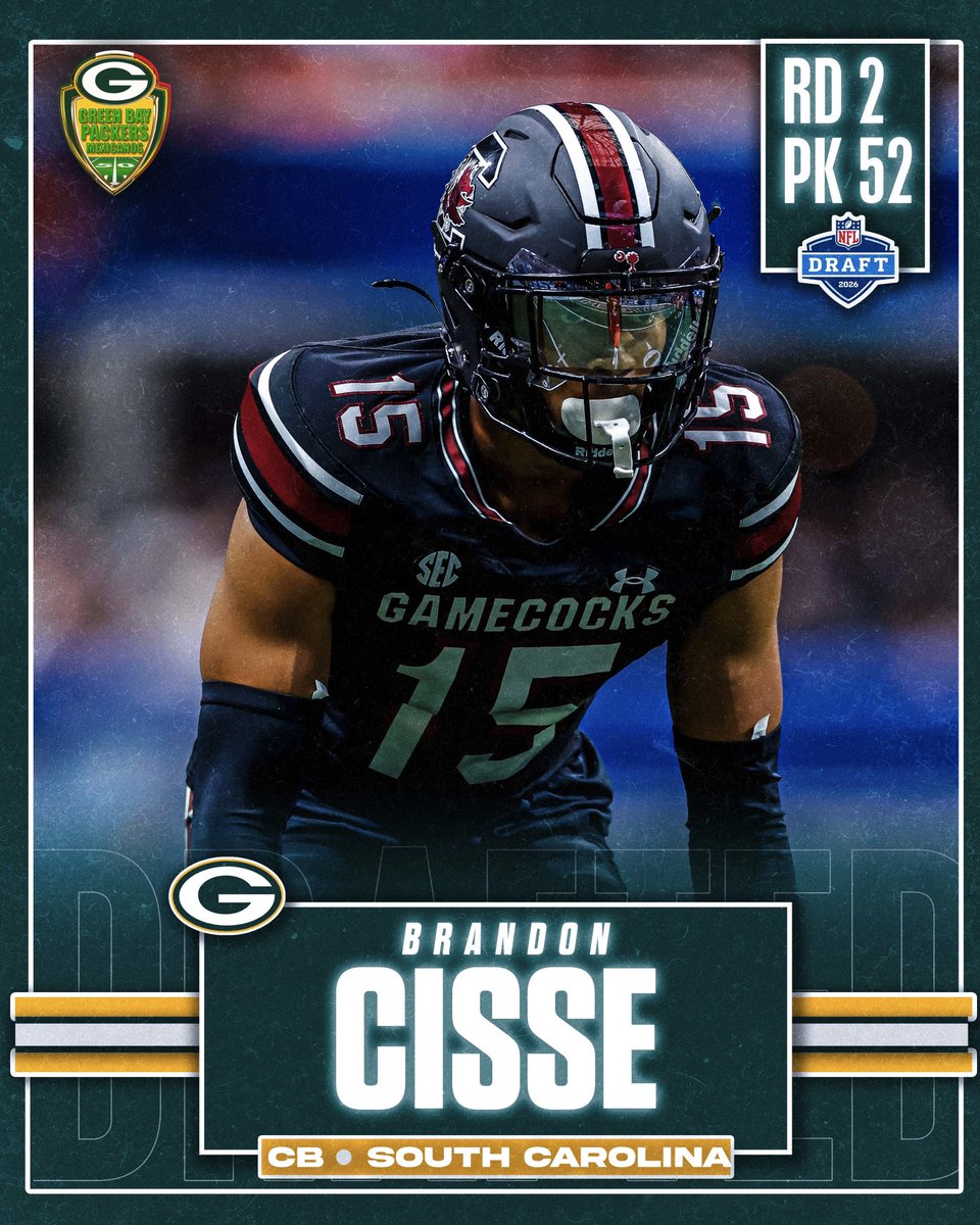 🚨🧀 Con el Pick #52 del NFL Draft, los Packers tomaron a Brandon Cisse CB de South Carolina. 

#GoPackGo