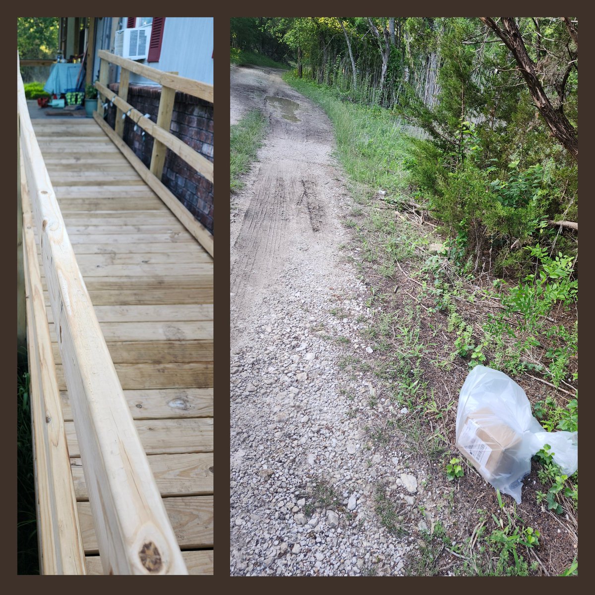 ccWISEradio's tweet photo. Dear @UPS: the first picture is my porch, where all delivery companies and vendors have been instructed to leave packages - you'll notice it's at the end of my wheelchair ramp. The second is the random place in the weeds - not even within view of my house - UPS delivers. https://t.co/iCbZa66ziI