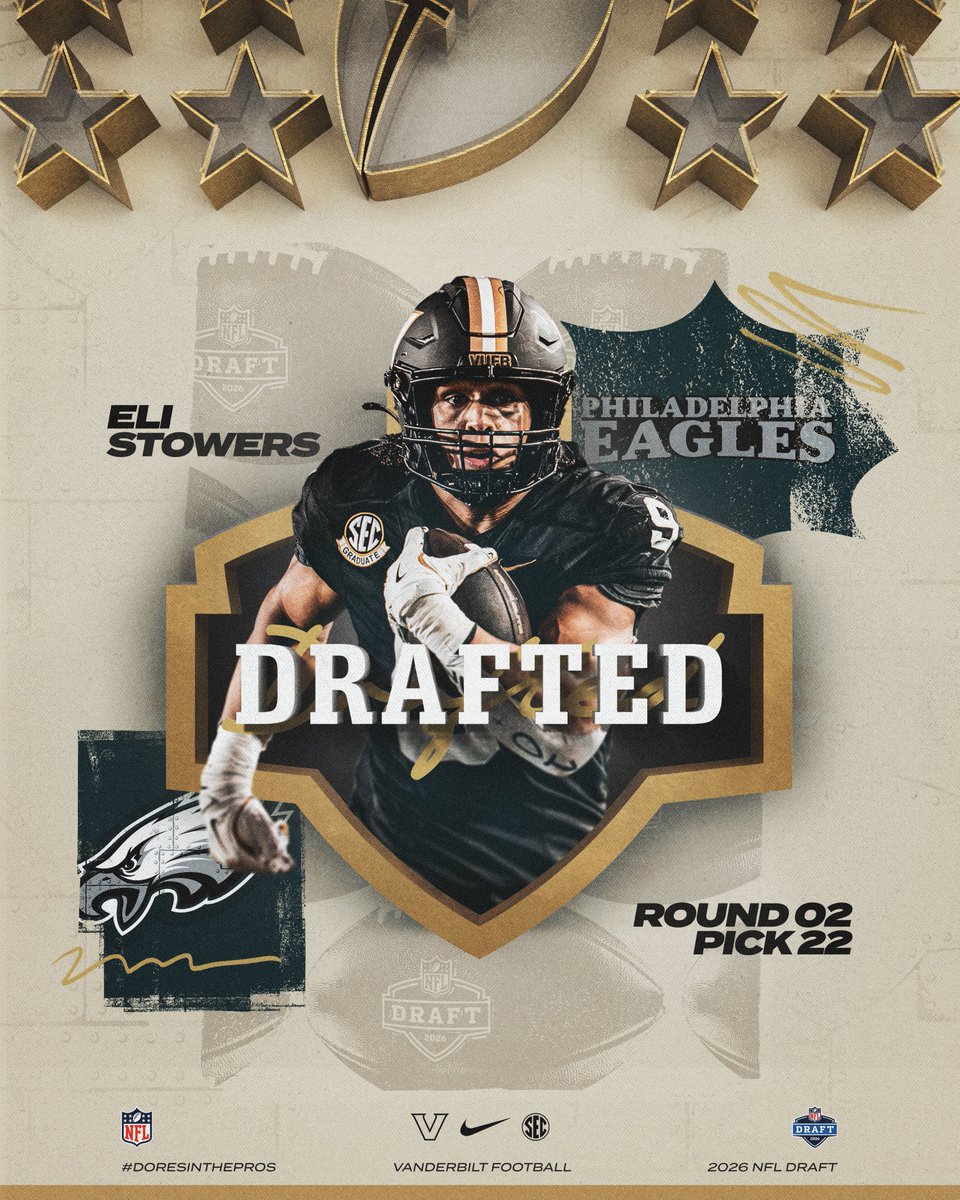 VandyFootball's tweet image. Philadelphia bound 🦅

With the 54th pick in the #NFLDraft, the @Eagles select, @eli_stowers3

#FlyEaglesFly | #NFLDraft