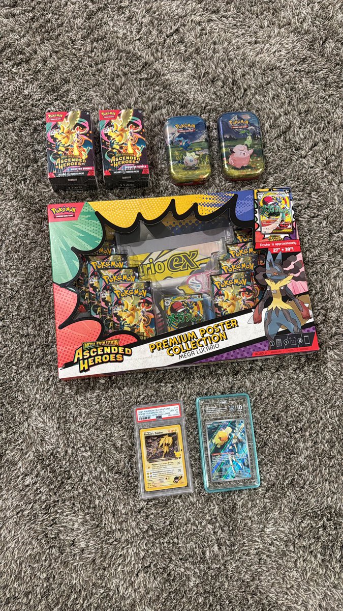 kingpindegen's tweet image. ASC ETB singles/ bulk of some ex’s/ ir’s, and first partner set in trade for TAG 10 Misty’s Psyduck + PSA 10 Rocket’s Zapdos. Bought another lucario poster, 2 ASC bb’s, and 2 mini tins.

How was the trade??

Time to rip.

#pokemon