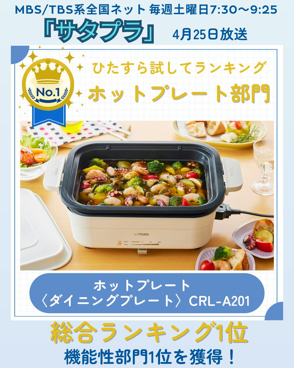 🐯📢ホットプレート部門・総合1位を獲得！🏆
📺サタプラ「ひたすら試してランキング」

MBS/TBS系全国ネット 毎週土曜日 7:30～　
本日4/25放送の「サタプラ」ひたすら試してランキングで

ホットプレート〈ダイニングプレート〉CRL-A201 が
「ホットプレート部門」🎖️
総合ランキング1位