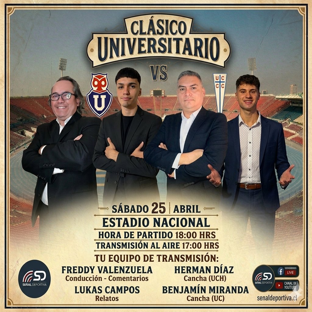 SDEPORTIVA_'s tweet photo. SÁBADO  25 ABRIL
#ligaprimera
#fecha11⚽️
#hora :18:00Hrs
#estadionacional

@SDEPORTIVA_ Al Aire

@udechile
versus
@Cruzados

🎤Relatos:
#leondegavia_

🎤Conducción- Comentarios :
@FValenzuelaMedo

🎤 Cancha - Vestuario (UCH):
@GmHdiaz

🎤 Cancha - Vestuario (UC):
@benjvmiranda https://t.co/wTeO8nO49F