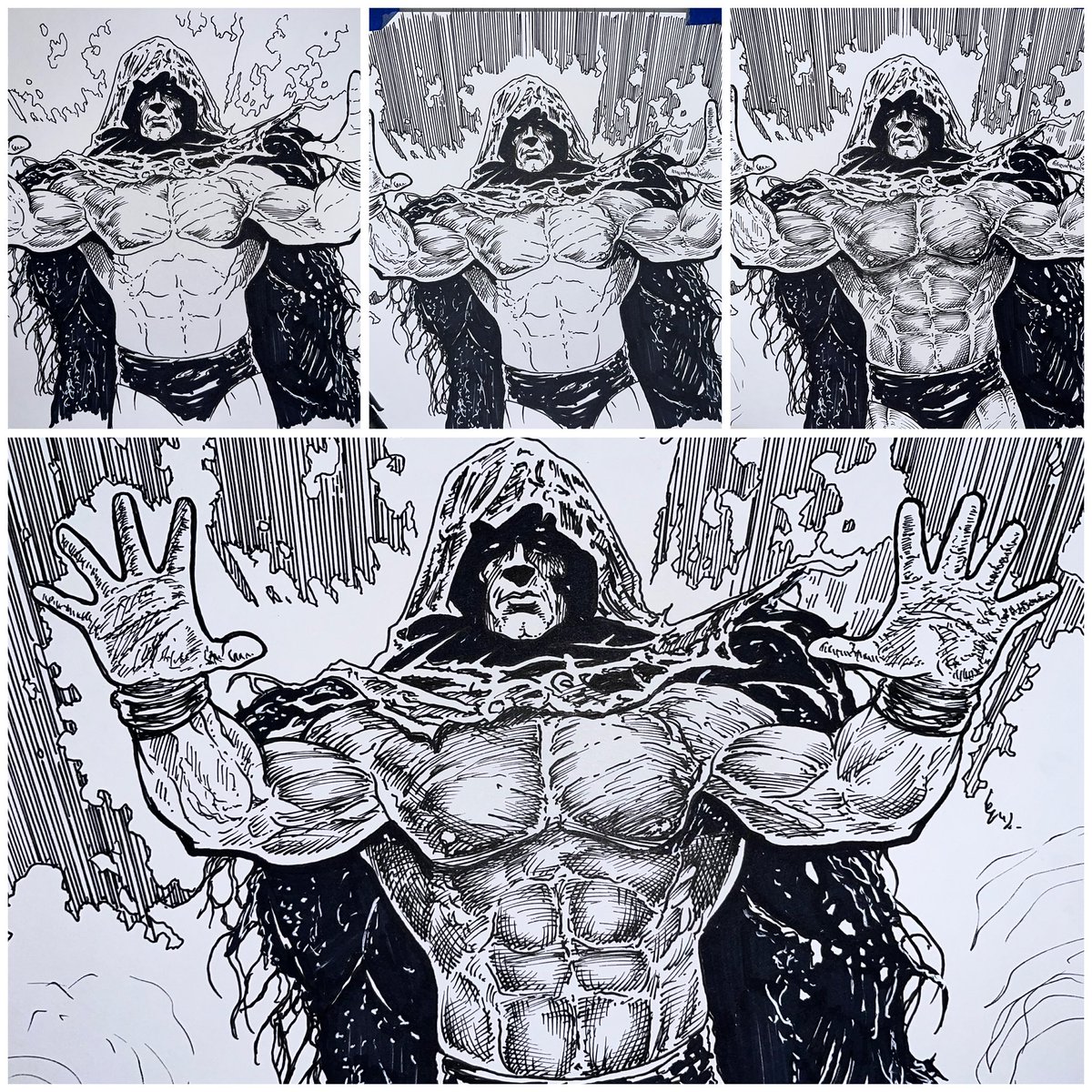 Cornerverse's tweet photo. Stages of production. Inked on comic sized card stock for a client. They paid fir pencils only but I just HAD to do inked for the vision in my head. Was it a good decision? https://t.co/GS8wuDS38V