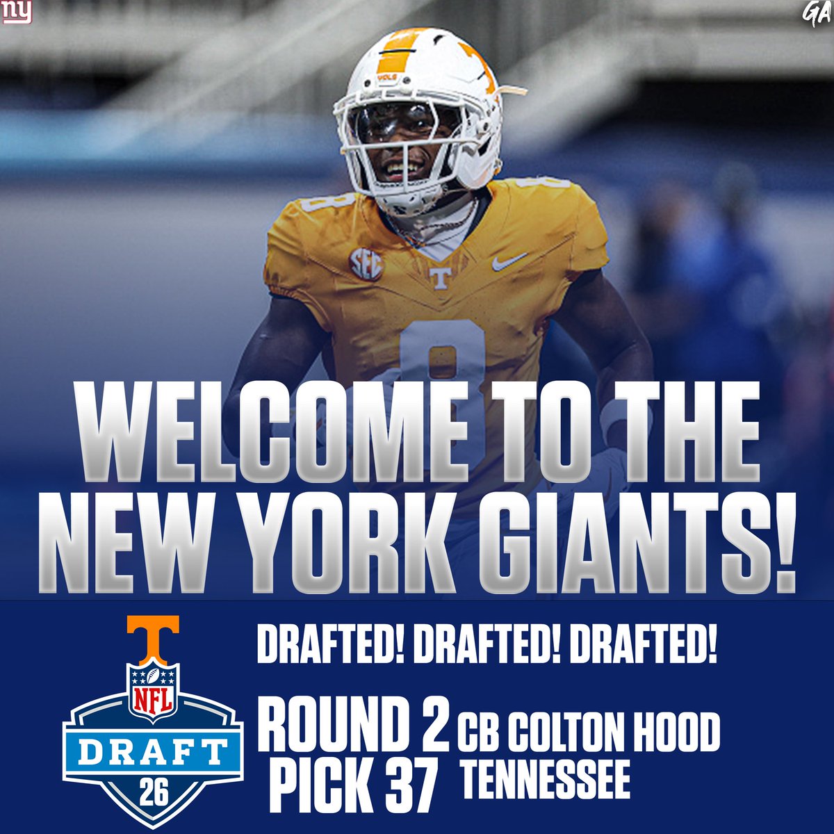 Nygarea1's tweet image. The New York Giants have selected Tennessee CB Colton Hood with the No. 37th pick in the 2026 NFL Draft. Welcome to the Giants, Colton! @Colton_Hood2023 

#NFLDraft #ColtonHood #NYGiants #nygarea #nygareadraft26