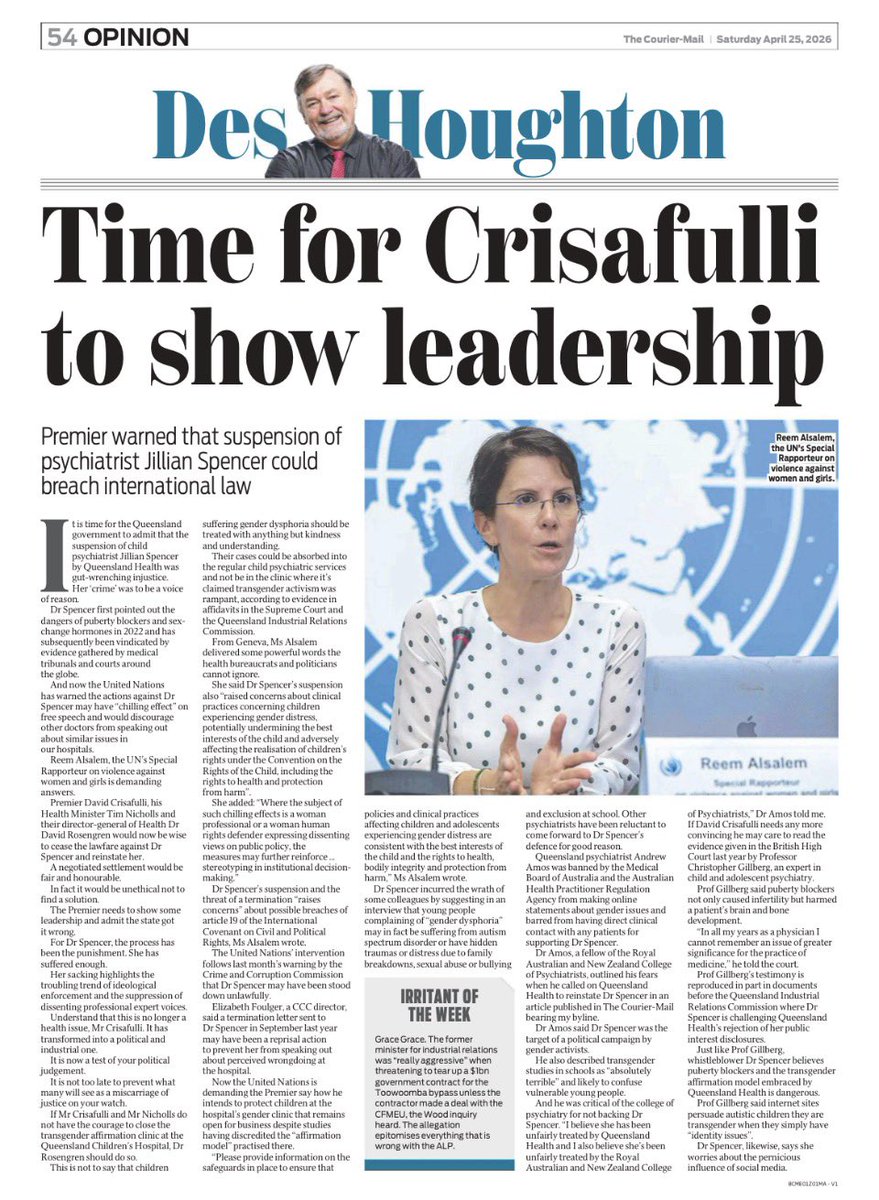 Article in the Courier Mail today calling on the QLD Crisafulli government to step in to help Dr Andrew Amos and I: we are both Queensland doctors getting thrashed for speaking up to protect children from harmful gender interventions. <a href="/DavidCrisafulli/">David Crisafulli</a>. 
<a href="/TimNichollsMP/">Tim Nicholls MP</a>