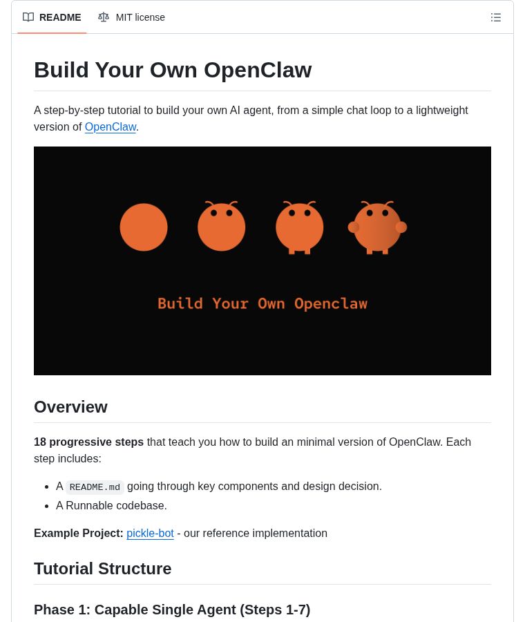 chenzeling4's tweet image. In case you missed it—Build Your Own OpenClaw is still one of the best ways to learn how AI agents actually work. 🔁

18 progressive steps, from a simple chat loop to multi-agent orchestration. Each step ships with runnable code.

⭐ 1,282 (and growing)
#OpenSource #Python #AI