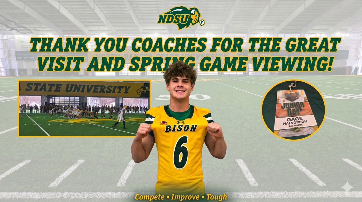 gagehalvorson27's tweet photo. Had a great junior day visit with @NDSUfootball learning their core values and meeting their coaches & staff! Thank you all for your time and having us for the spring game!  #CompeteImproveTough #GoBison #HornsUp🤘

@CoachTimNDSU @CoachGrantOlson  @CoachSamOjuri22 @FBCoachLarson @CoachLJ38 @CoachChewy80 @CoachCrutchley @MisterLilly @JoeBeschorner @CoachEAmoako @CoachDKlieman @CoachKMorgs @PrepRedzoneMN @PrepRedzone @OJW_Scouting