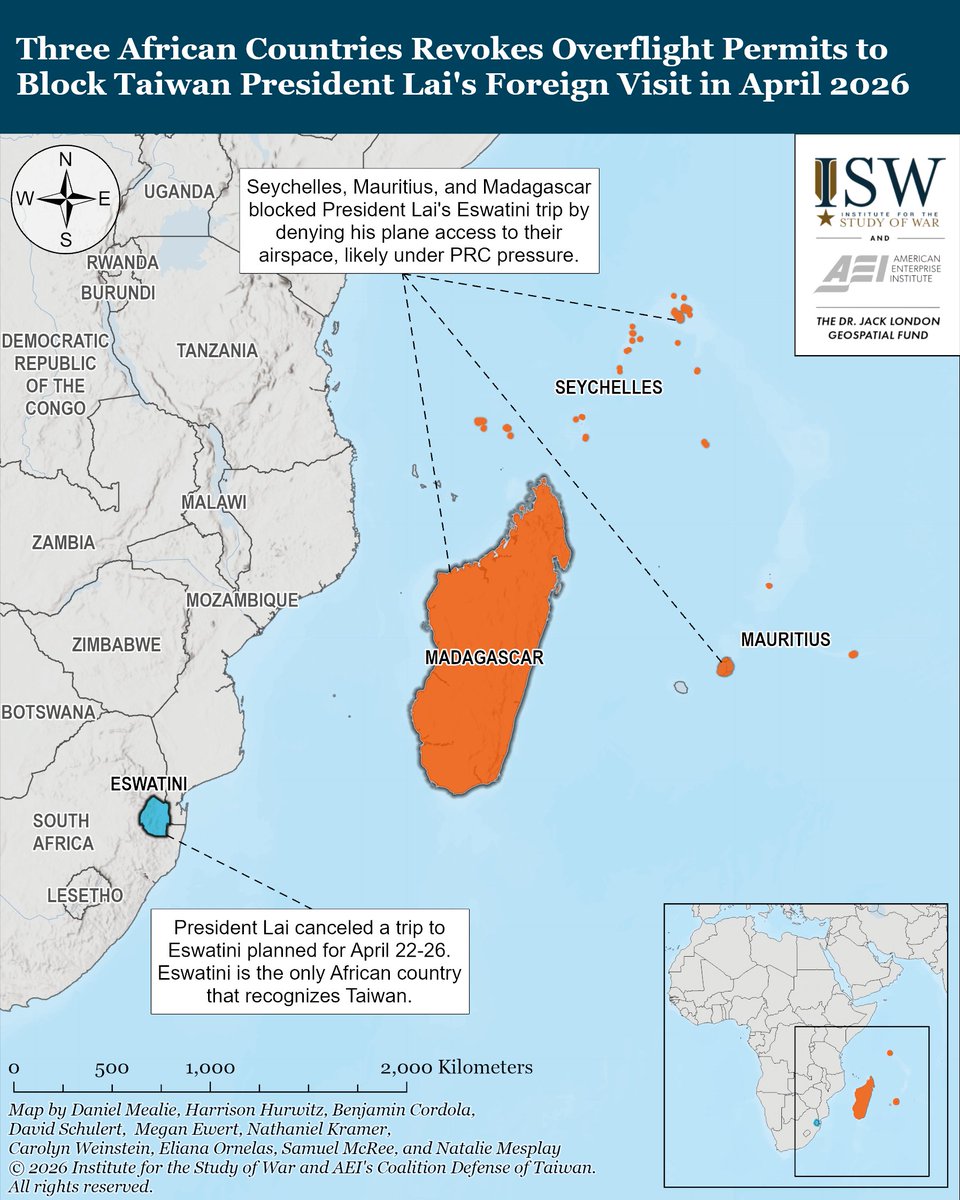 ThinkCivics's tweet photo. The PRC very likely pressured three African countries to close their airspace to Taiwanese President William Lai Ching-te to prevent his planned visit to Eswatini, one of Taiwan’s 12 remaining diplomatic allies. #Taiwán #china https://t.co/WE5tV5CsmZ