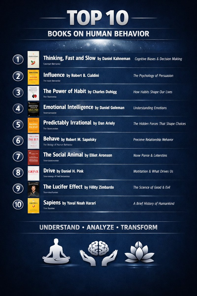 darunexplorer14's tweet photo. Unlock the secrets behind why we think, act, and connect the way we do. 🧠 Here are 10 transformative books that decode human behavior — from habits to emotions, persuasion to purpose. #HumanBehavior #Psychology #PersonalGrowth https://t.co/Dhk2lvP7Gv