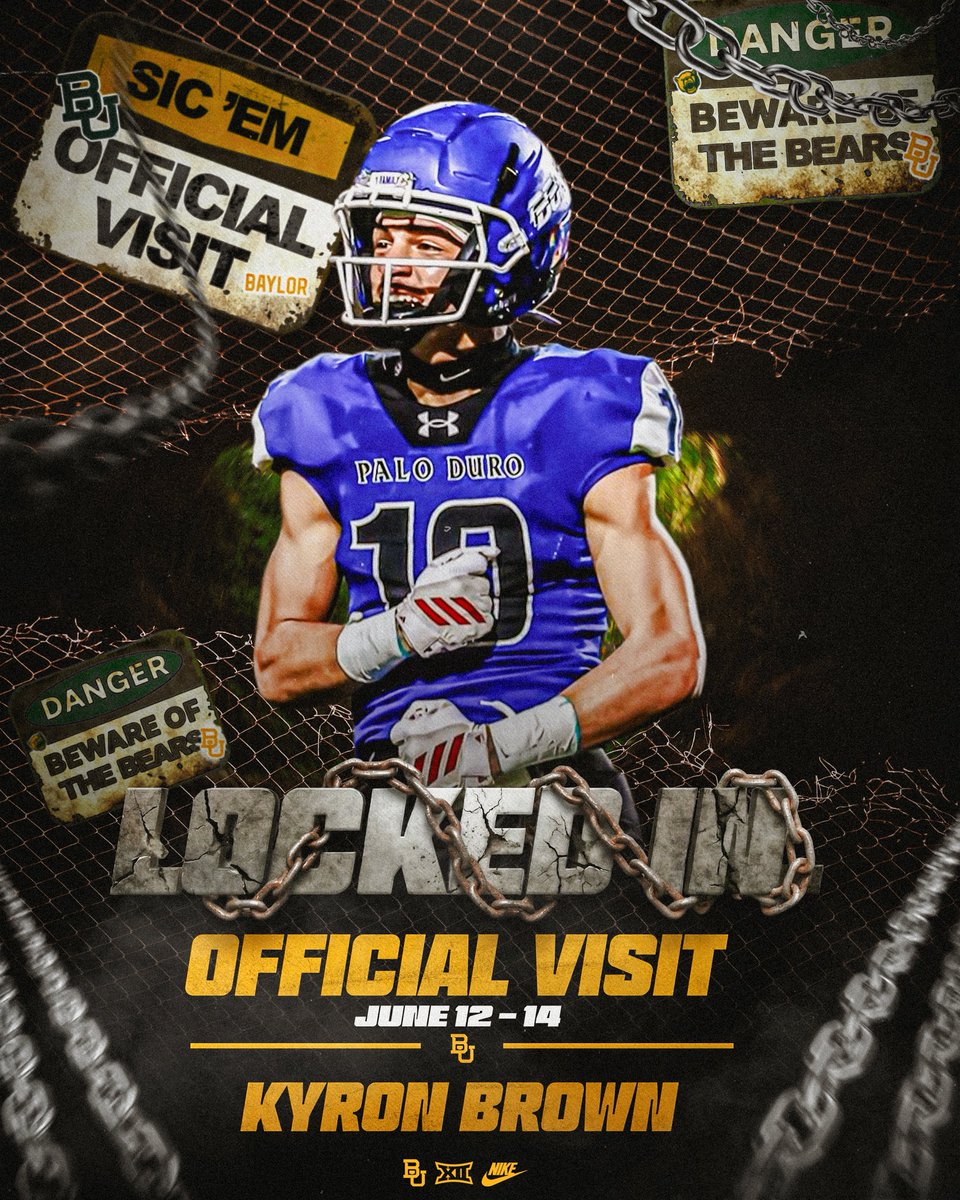 KyronBrown2027's tweet image. Locked in‼️ Let’s get it, can’t wait to be in Waco from June 12th-14th #SicEm🟢🟡
@CoachRHolcomb @CoachDaveAranda @CoachDBaker81 @BUFootball @Eric_Mims_Sr @MikeRoach247 @TomLoy247 @BrandonHuffman