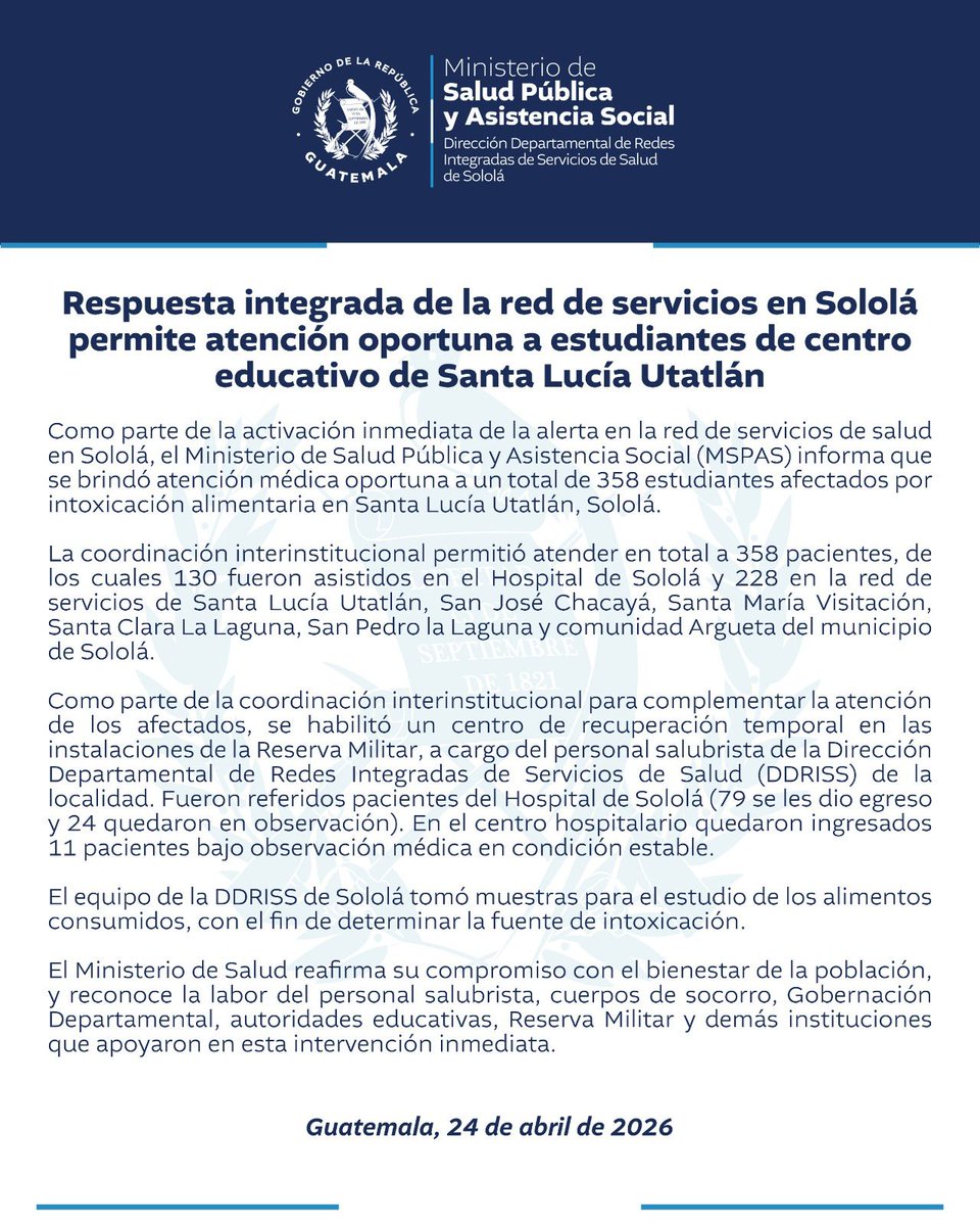 ClarOscuroNews's tweet photo. El Ministerio de Salud informa que la red de servicios en Sololá brindó atención oportuna a 358 estudiantes del ENRO afectados en Santa Lucía Utatlán, por intoxicación alimenticia. https://t.co/yivcyQca89