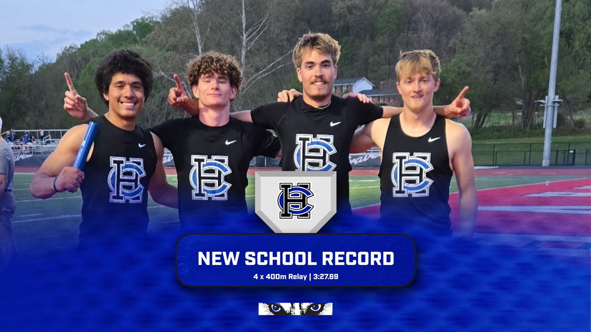 hcathletics99's tweet photo. 🚨NEW SCHOOL RECORD ALERT 🚨 

Congratulations Jacob, Triston, Brady, and Beau on setting a new school record in the 4 x 400m relay 3:27.69. 

They won the event at the Indian Valley invite while setting the school record! https://t.co/Xl96ofUGAh