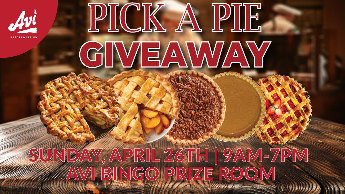 AviResortCasino's tweet image. 🥧 Pick a Pie – April 26th! 🥧

Get ready to treat yourself! Join us April 26th from 9AM - 7PM  for our delicious Pick a Pie giveaway!
Qualified members will receive ONE FREE pie 🥧

PLUS — earn 1,000 points to snag one more! 🙌
#AviResortandcasino #Laughlin #giveaway