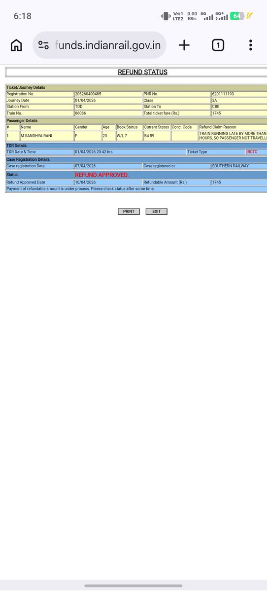 phnvarma1000's tweet photo. @IRCTCofficial refund approved 15 days back but still in process when do I get my refund https://t.co/W9wjRLaw7P